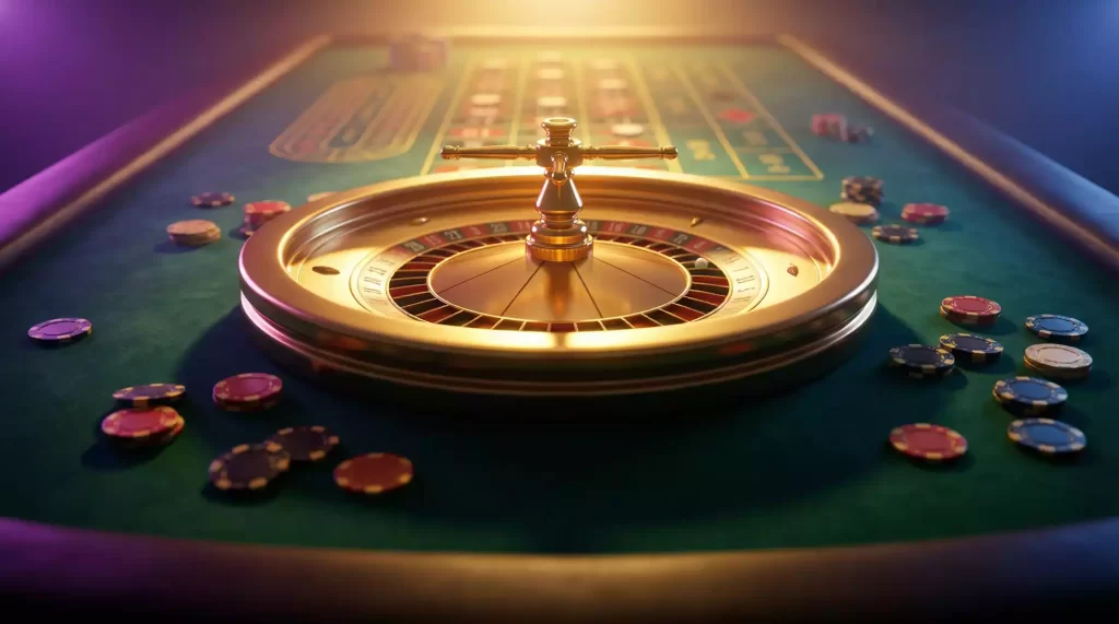 Mesa de casino con ruleta dorada y fichas de colores bajo iluminación cinematográfica representando las tiradas gratis