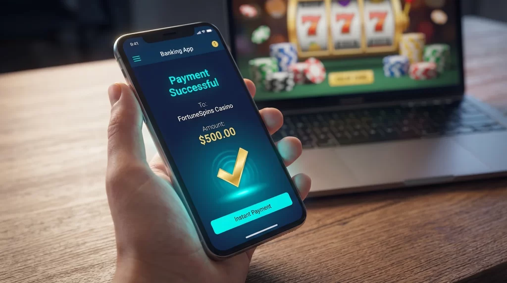 Pantalla de telefono movil mostrando proceso de pago bancario instantaneo en casino online con interfaz moderna y segura