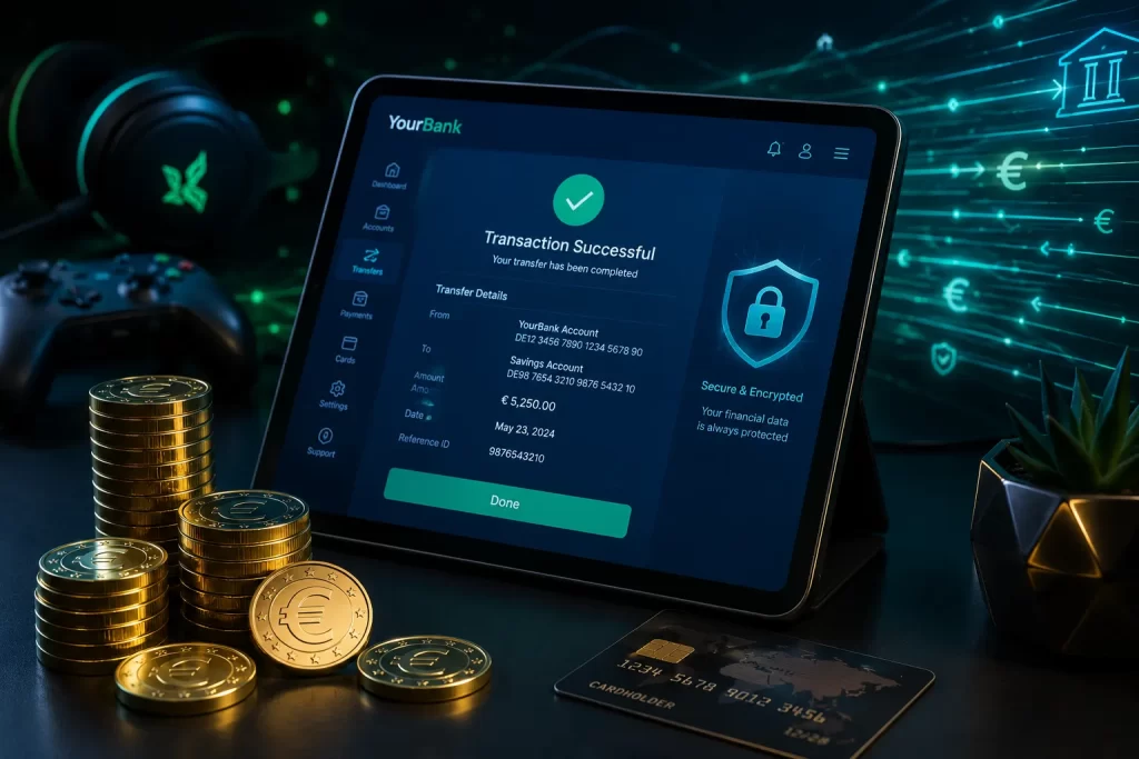 Virement bancaire pour casino en ligne avec ecran de transaction securisee et euros