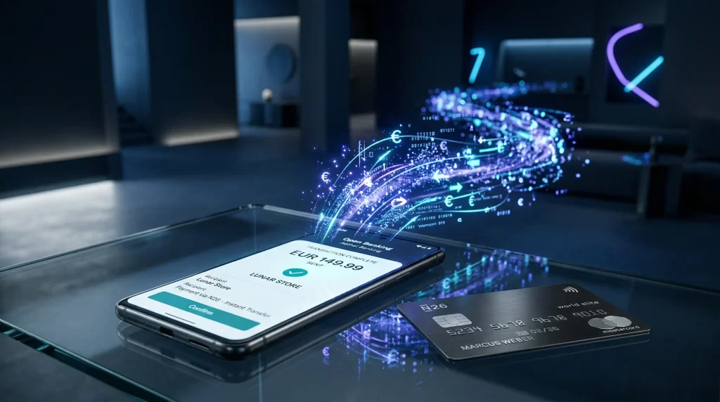 Volt Open Banking Zahlungsterminal mit Smartphone und Bankkarte fuer Casino-Einzahlung