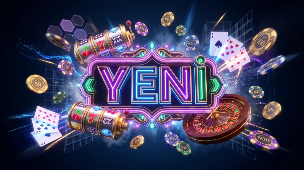 Yeni online casino konsepti - modern dijital kumarhane platformu ile parlak neon isiklar ve slot makineleri gorseli