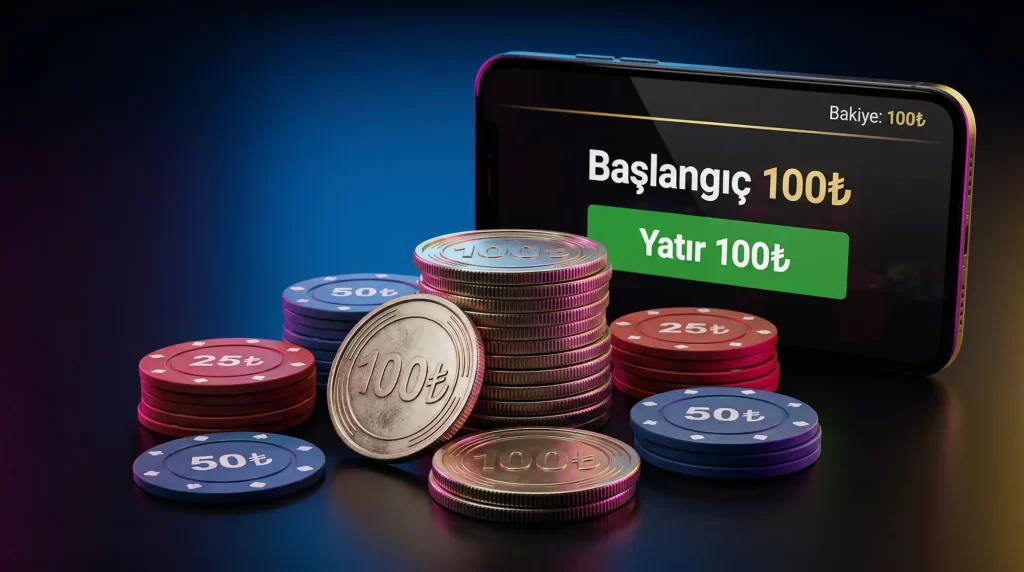 100 Turk Lirasi tutarinda online casino yatirimi konseptini gosteren dijital odeme ve kumar tematik gorsel